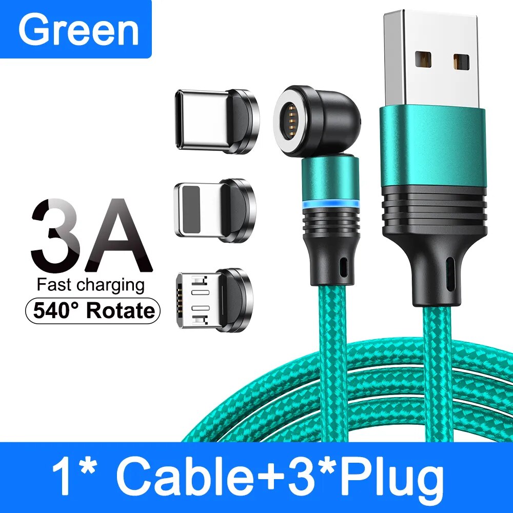 3A Fast Charger Magnetic 360 Degree Rotating Robust USB Cable | + 3 Heads: USB-C, Micro USB, iPhone Lightening - WOWGOOD
