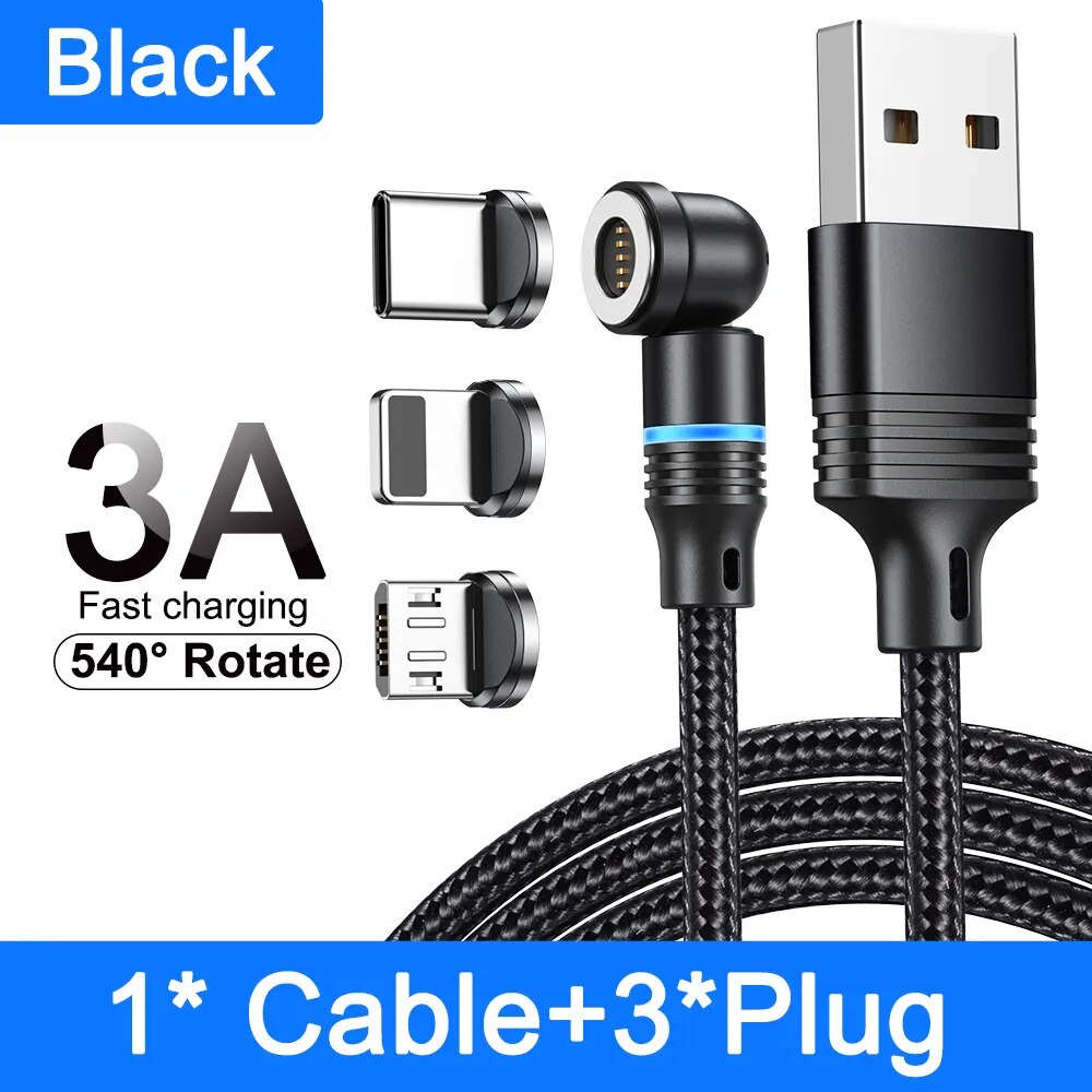 3A Fast Charger Magnetic 360 Degree Rotating Robust USB Cable | + 3 Heads: USB-C, Micro USB, iPhone Lightening - WOWGOOD