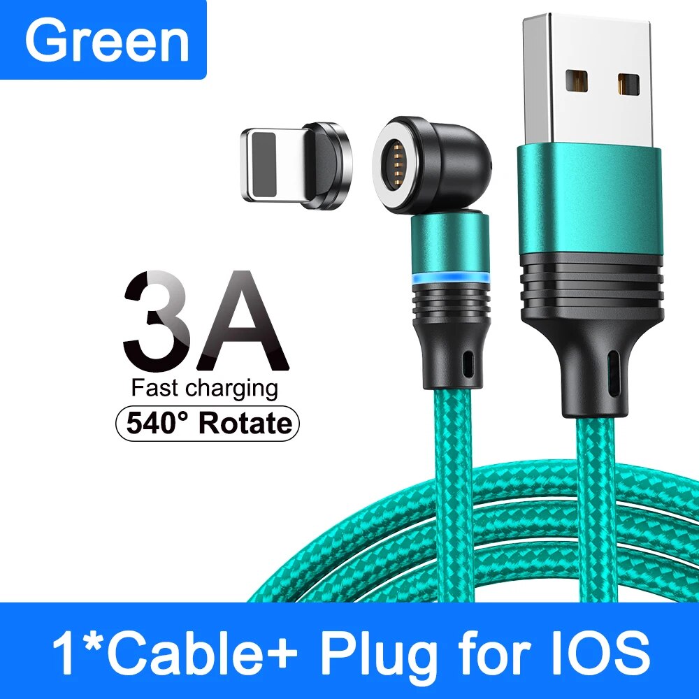 3A Fast Charger Magnetic 360 Degree Rotating Robust USB Cable | + 3 Heads: USB-C, Micro USB, iPhone Lightening