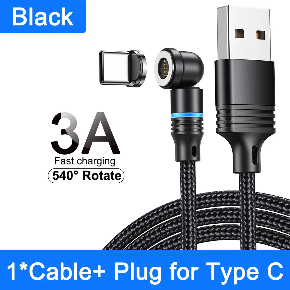 3A Fast Charger Magnetic 360 Degree Rotating Robust USB Cable | + 3 Heads: USB-C, Micro USB, iPhone Lightening